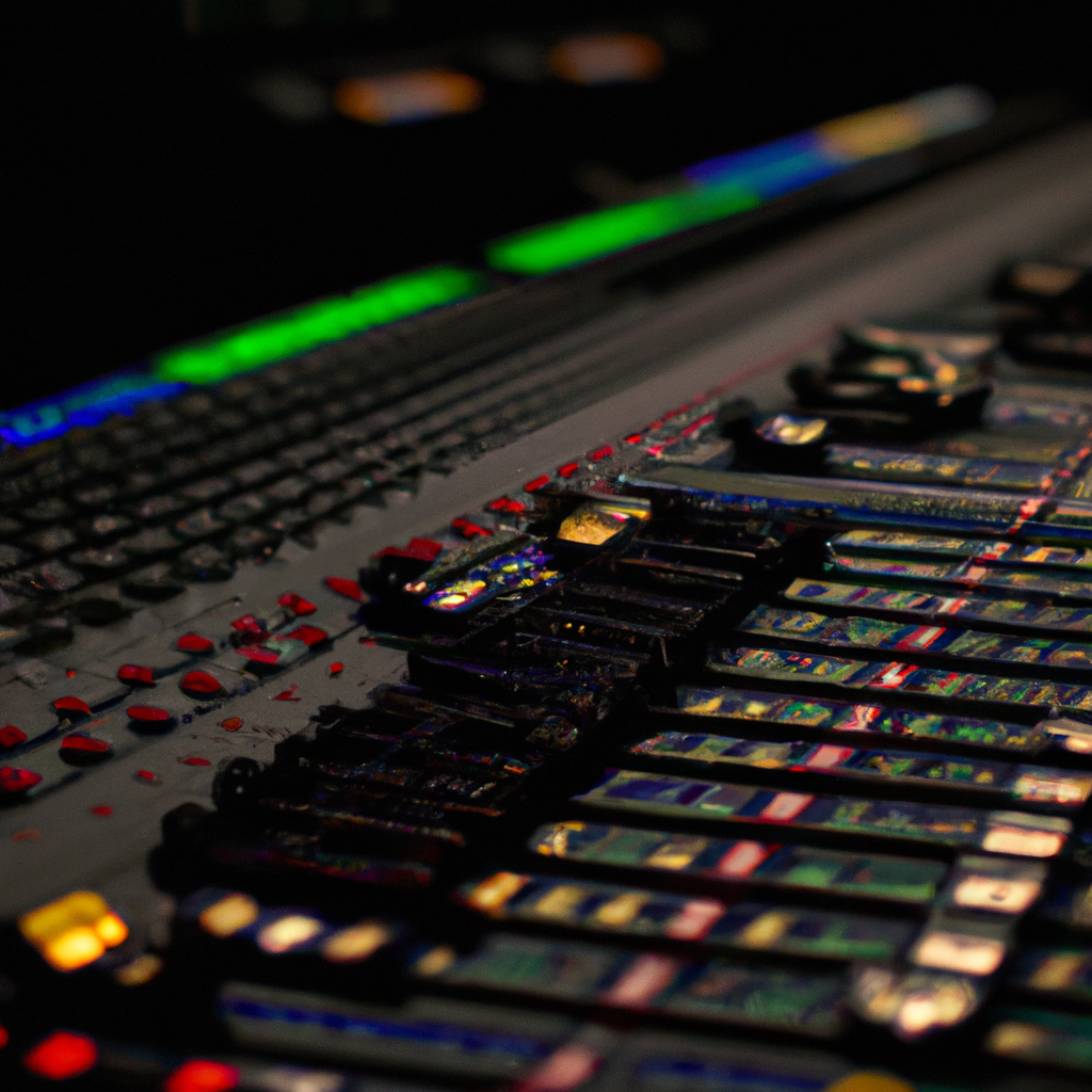 Consola de estudio con medidores LED, toma cinematográfica, profundidad de campo reducida