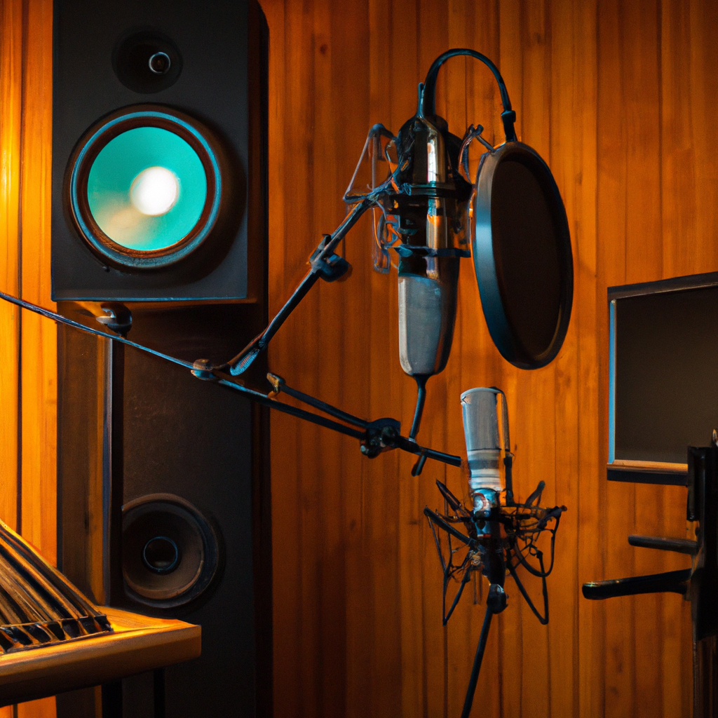 Estudio acogedor en Santiago con micrófono de condensador y paneles acústicos