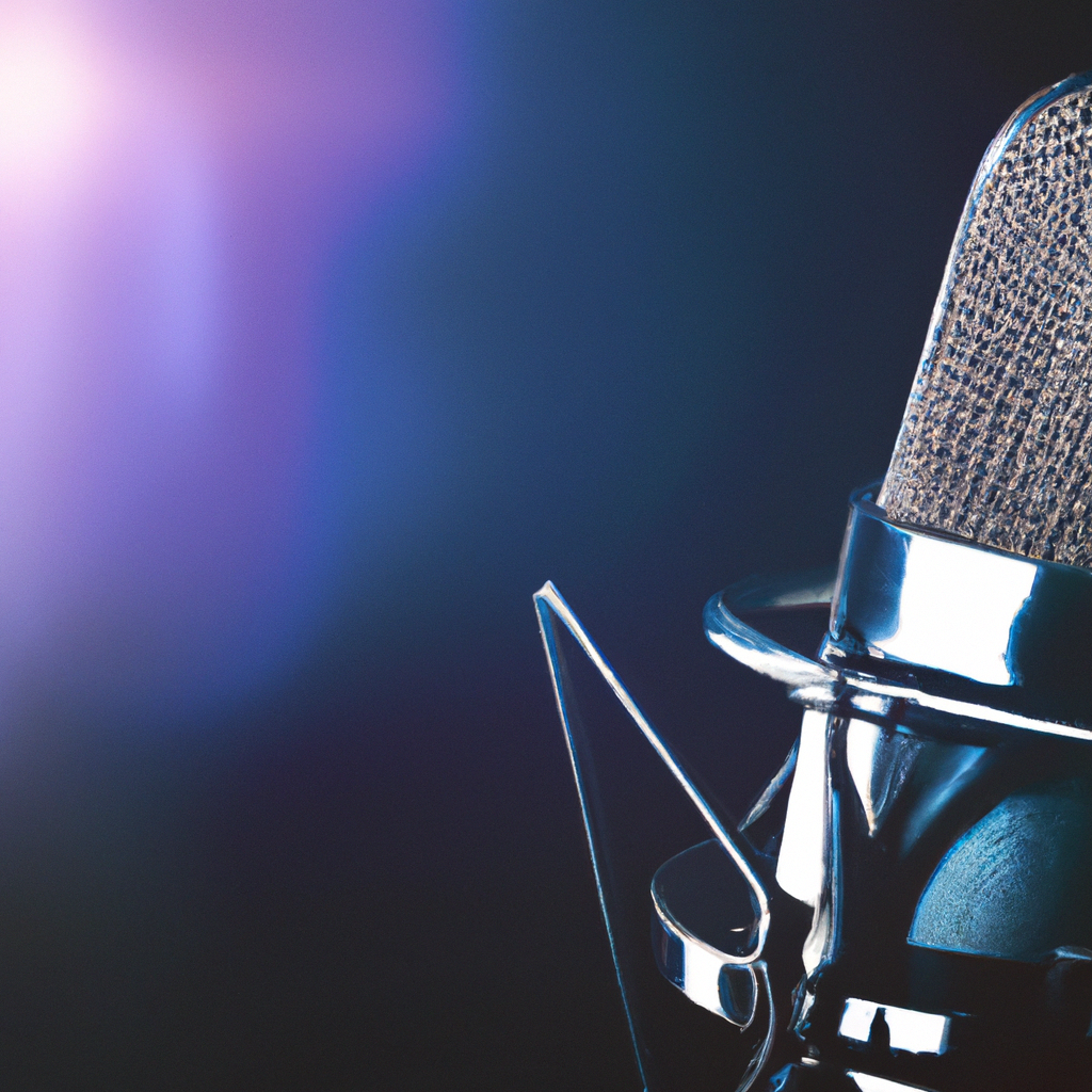 Logotipo Sonido Claro con micrófono de estudio en luz azul