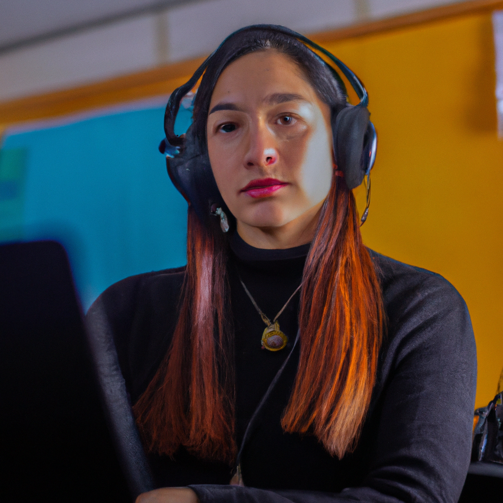 Joven podcaster con audífonos y micrófono en centro comunitario de Punta Arenas